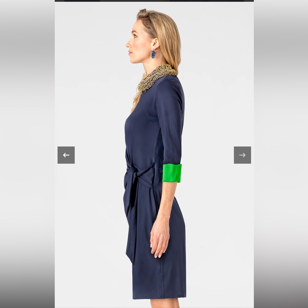 Gretchen Scott Navy Cinch & Tie Dress with Green Cuff